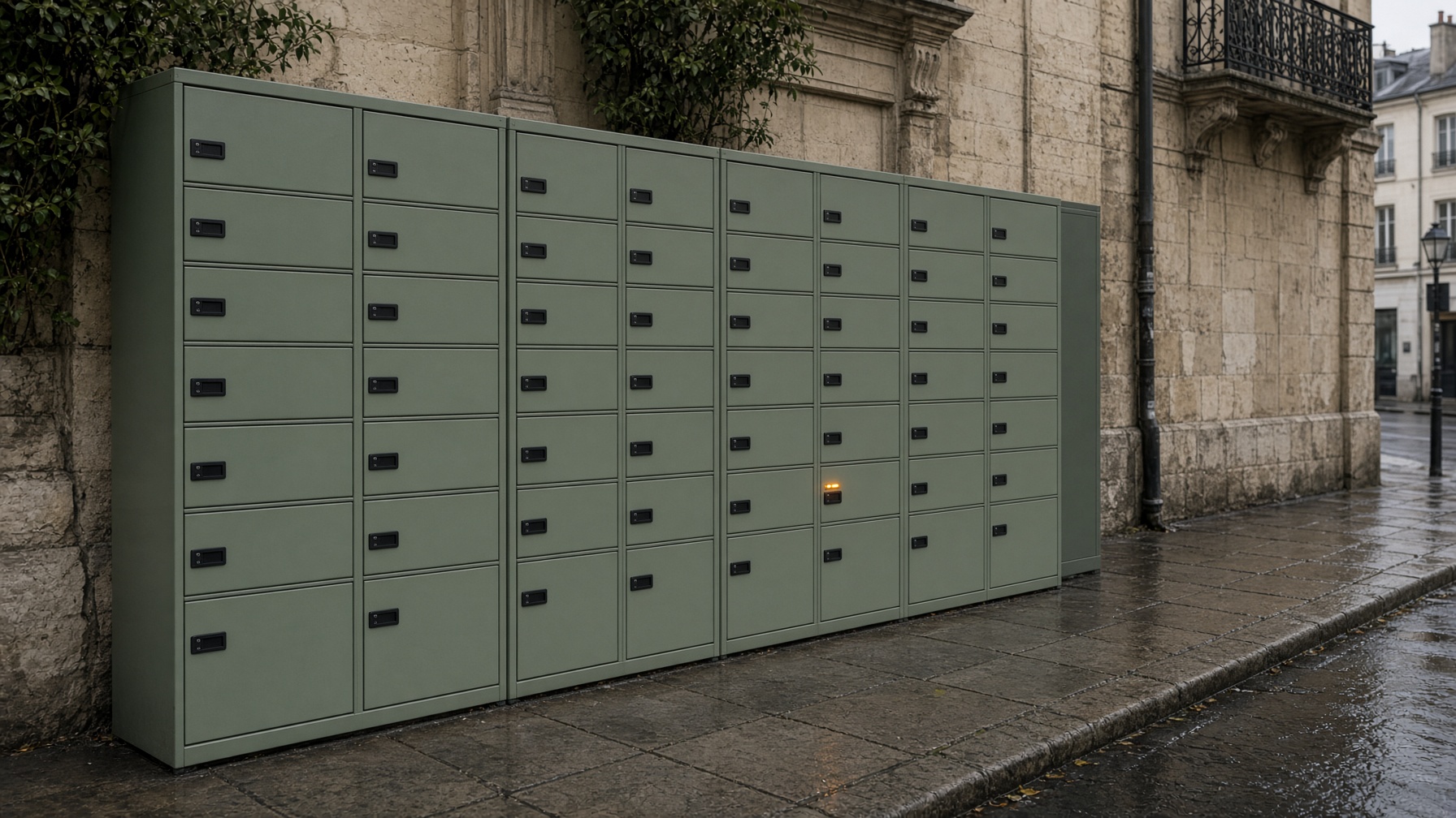 A row of street parcel lockers, one bay marked by a small amber lamp