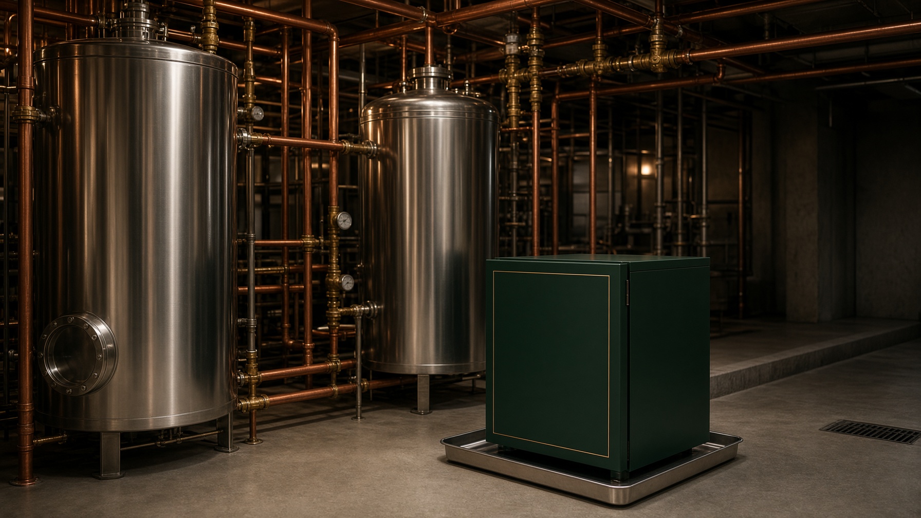 Hotel plant room with hot-water cylinders and a compact forest-green compute cabinet